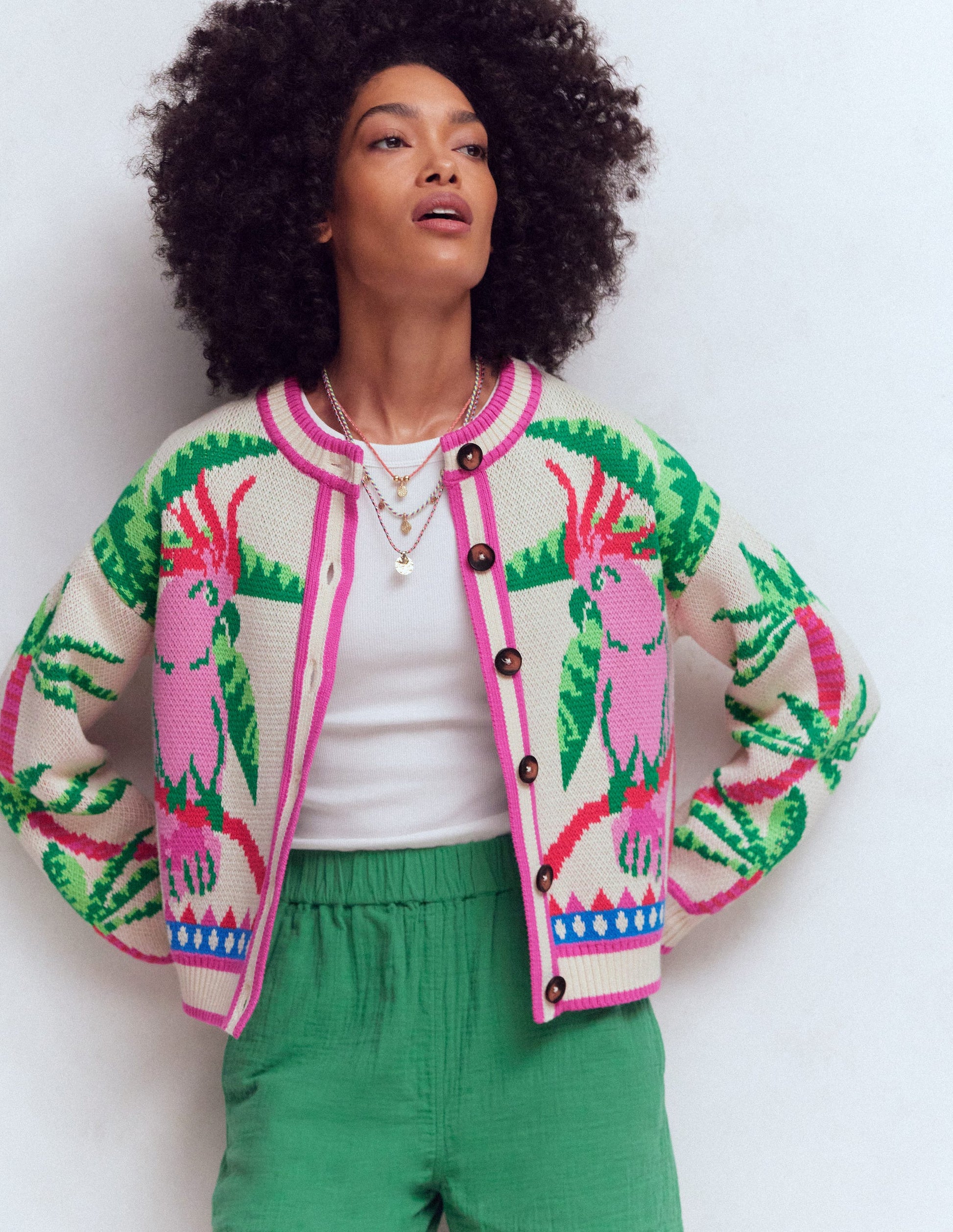 Abi Jacquard-Strickjacke-Warmes Naturweiß, Palmen Vögel-4