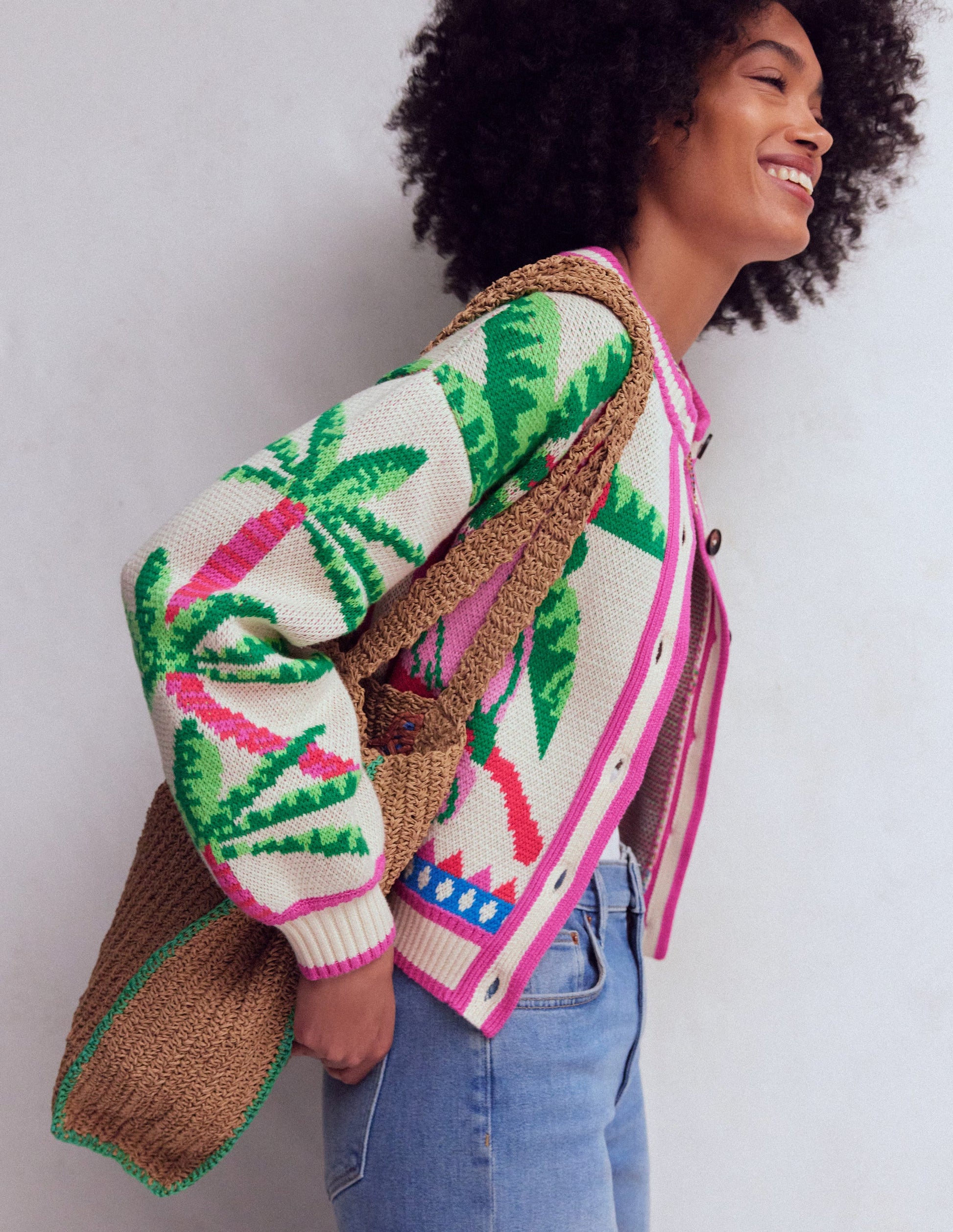 Abi Jacquard-Strickjacke-Warmes Naturweiß, Palmen Vögel-7