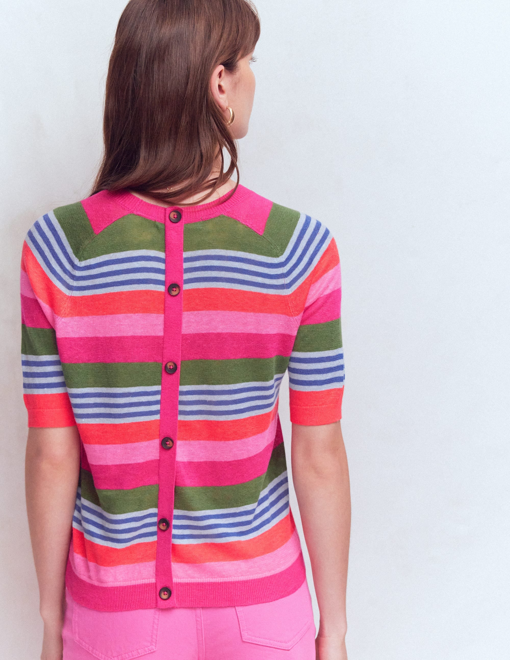 Agnes Leinen-T-Shirt mit Knopfleiste-Ackerbohnengrün/Pink, Gestreift - Image 5