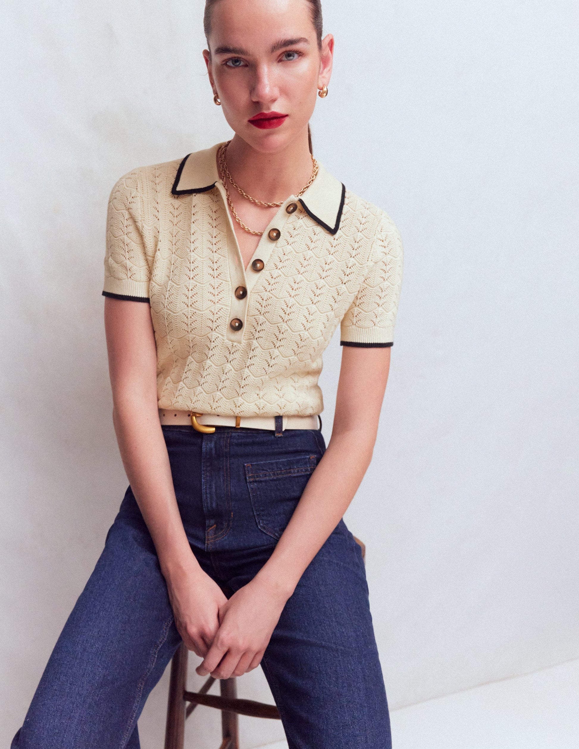 Henley-T-Shirt aus Pointelle-Creme-5