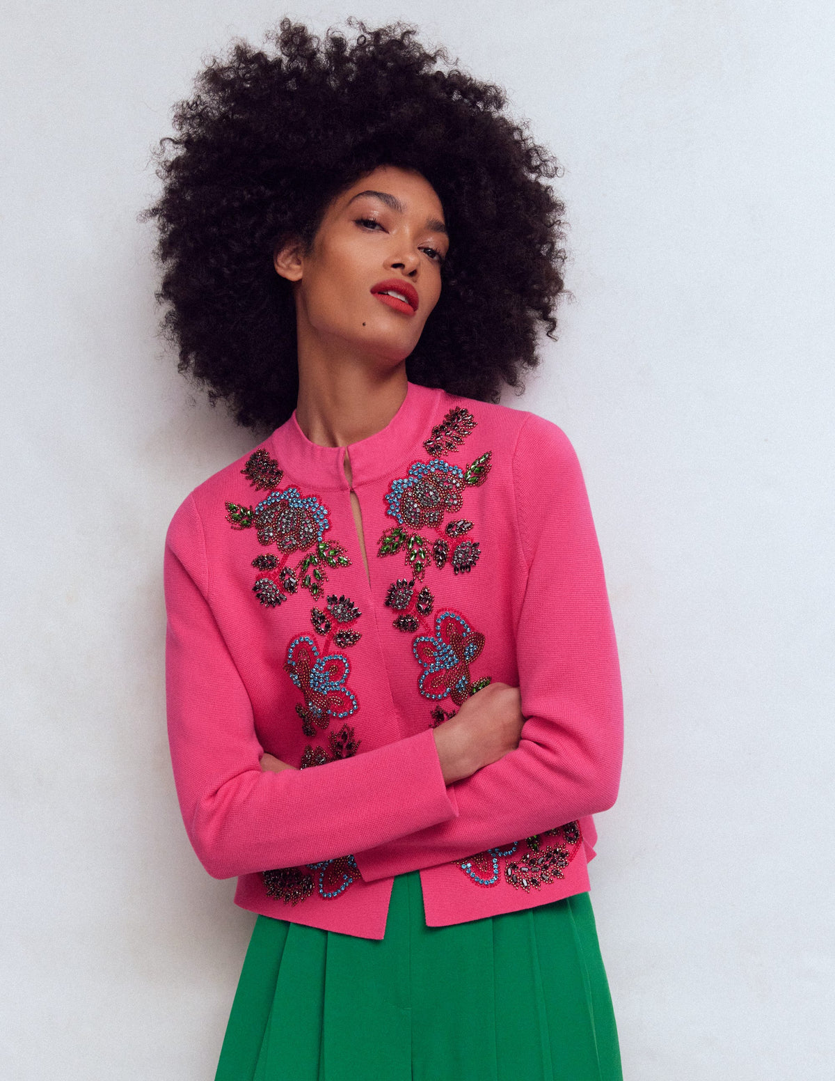 Elena Stand Neck Jacket-Pink Embroidery - Image 1