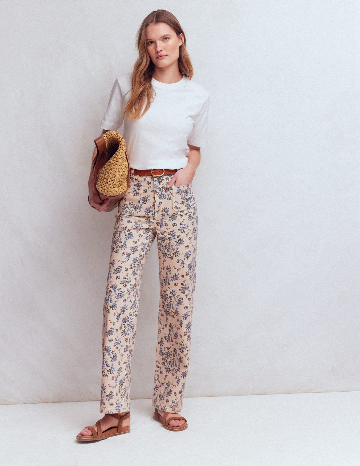 Jeans mit geradem Bein und Tasche-Naturweiß Blumenmuster-1