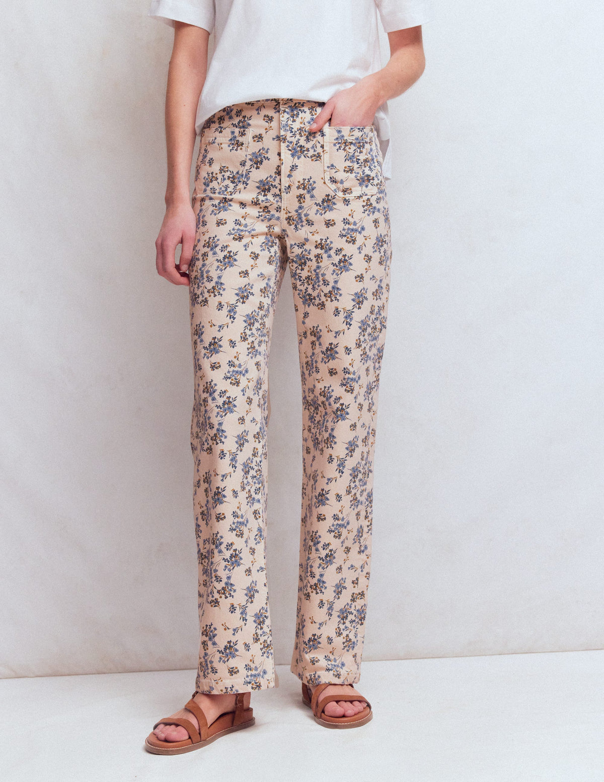 Jeans mit geradem Bein und Tasche-Naturweiß Blumenmuster-4