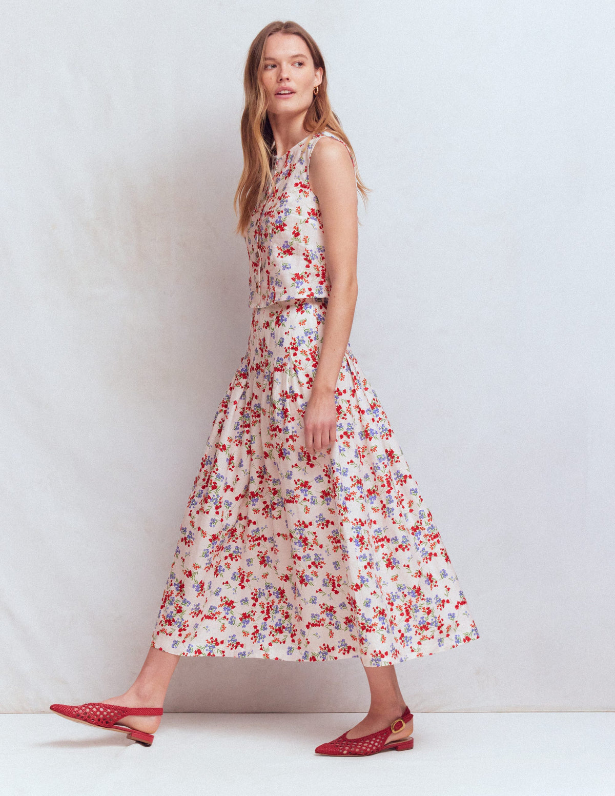 Jupe Valentina en lin-Ivoire, motif Bloom Scatter-5
