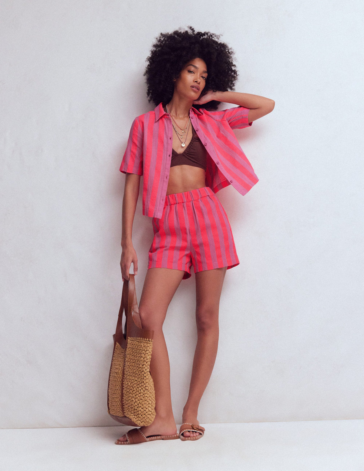 Short à enfiler double-étoffe-Rose, rayé moyen corail fluo - Image 1