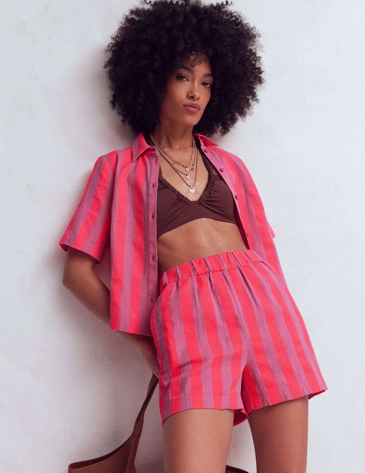 Short à enfiler double-étoffe-Rose, rayé moyen corail fluo-2