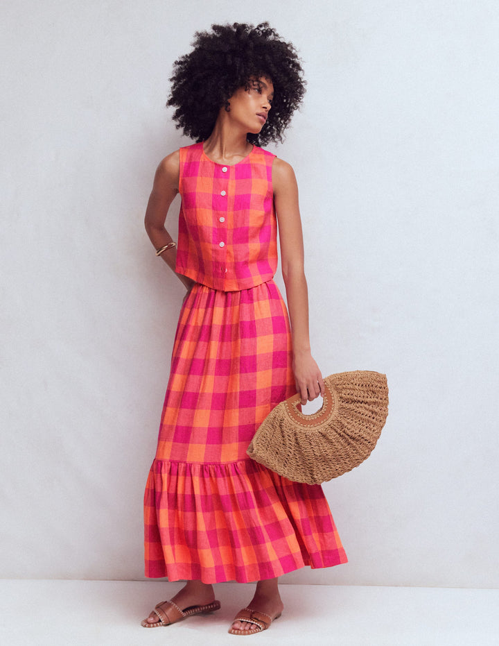Jupe longue Abigail en lin-Vichy orange acidulé, rose