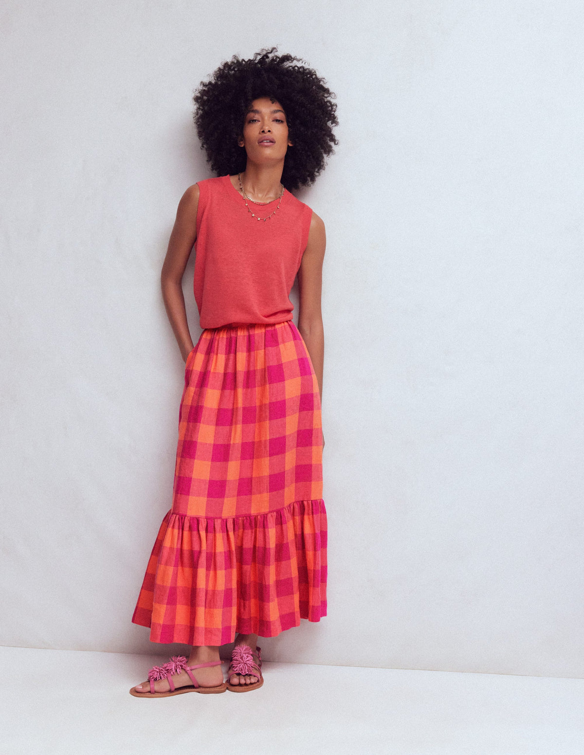 Jupe longue Abigail en lin-Vichy orange acidulé, rose - Image 4