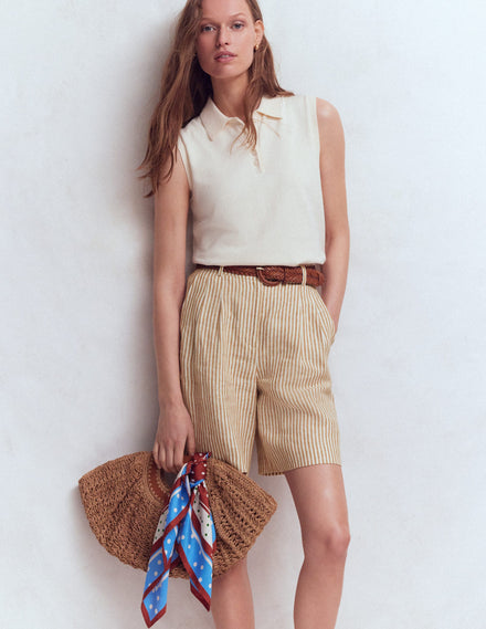 Short Chelsea en lin avec ceinture-Marron, rayé style coutil ivoire