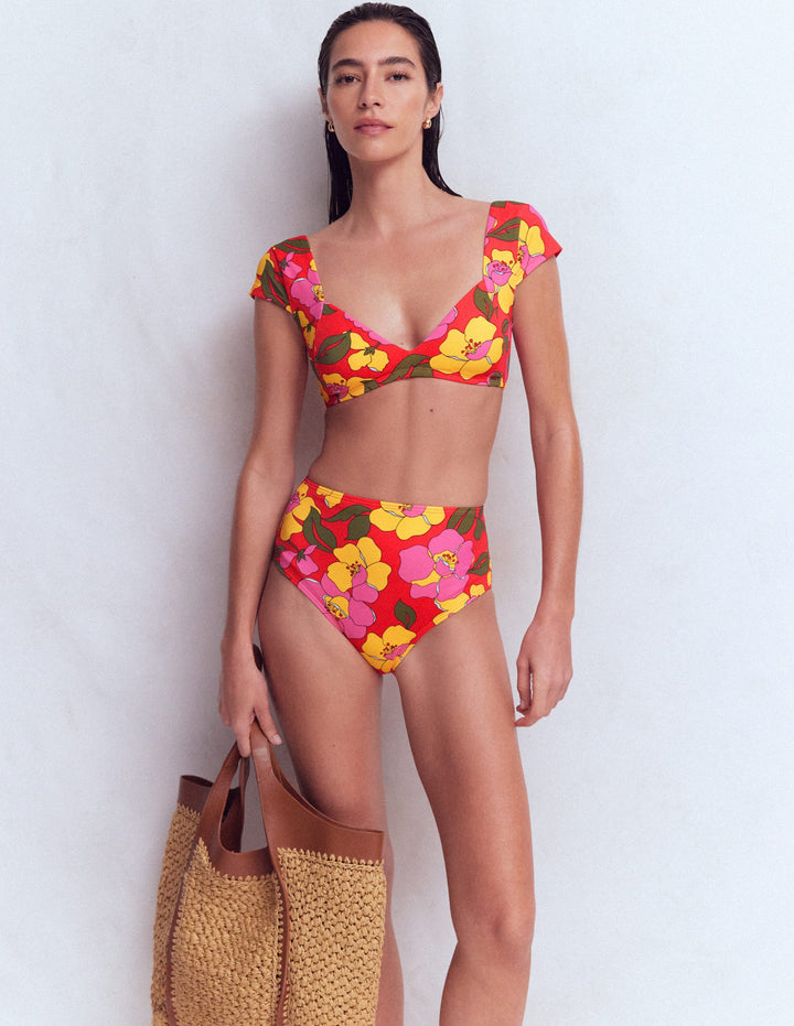 Bikinihose mit hohem Bund-Rot, Strahlende Blüte
