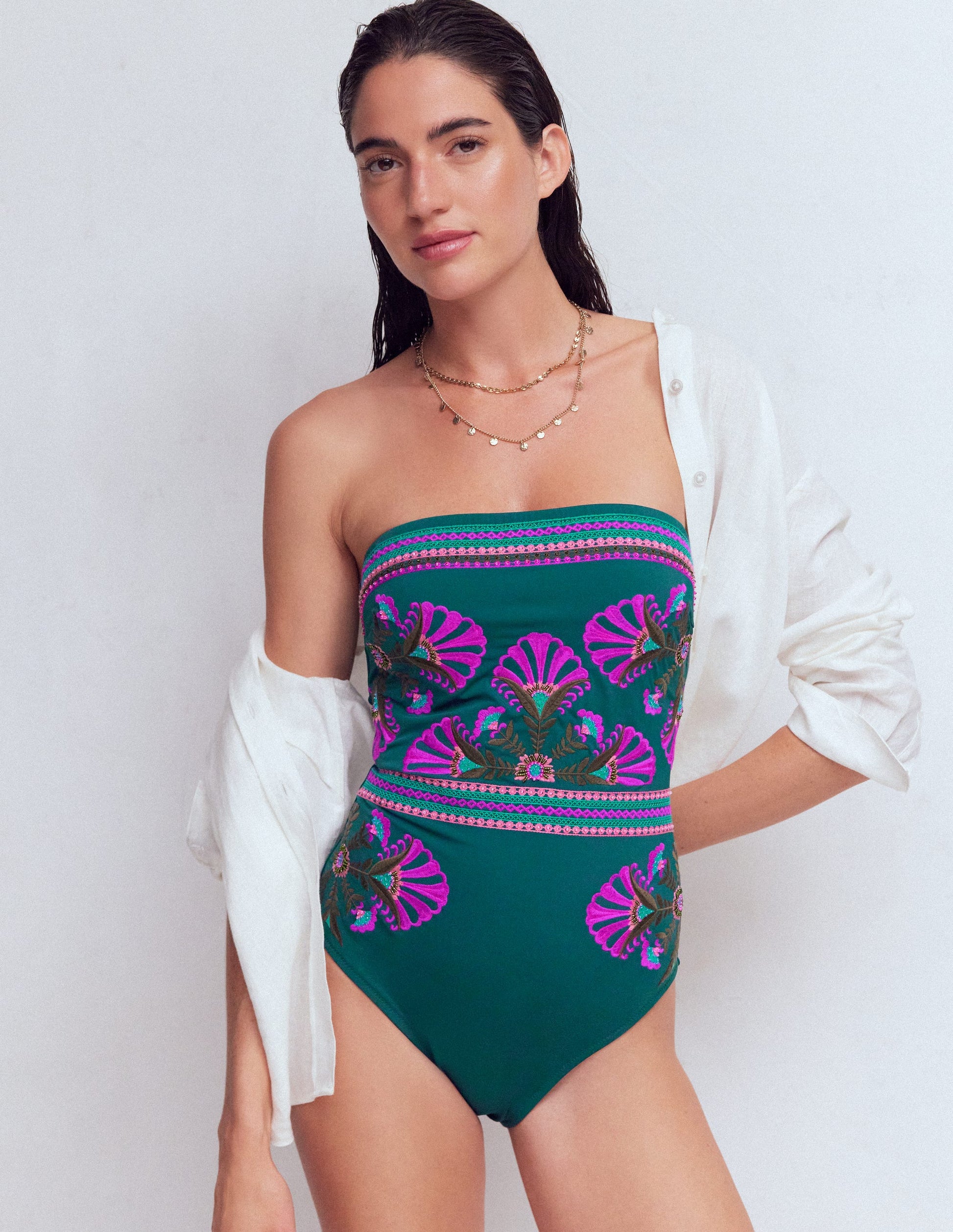 Paros Bandeau-Badeanzug-Atlantik-Blau, Stickerei-4