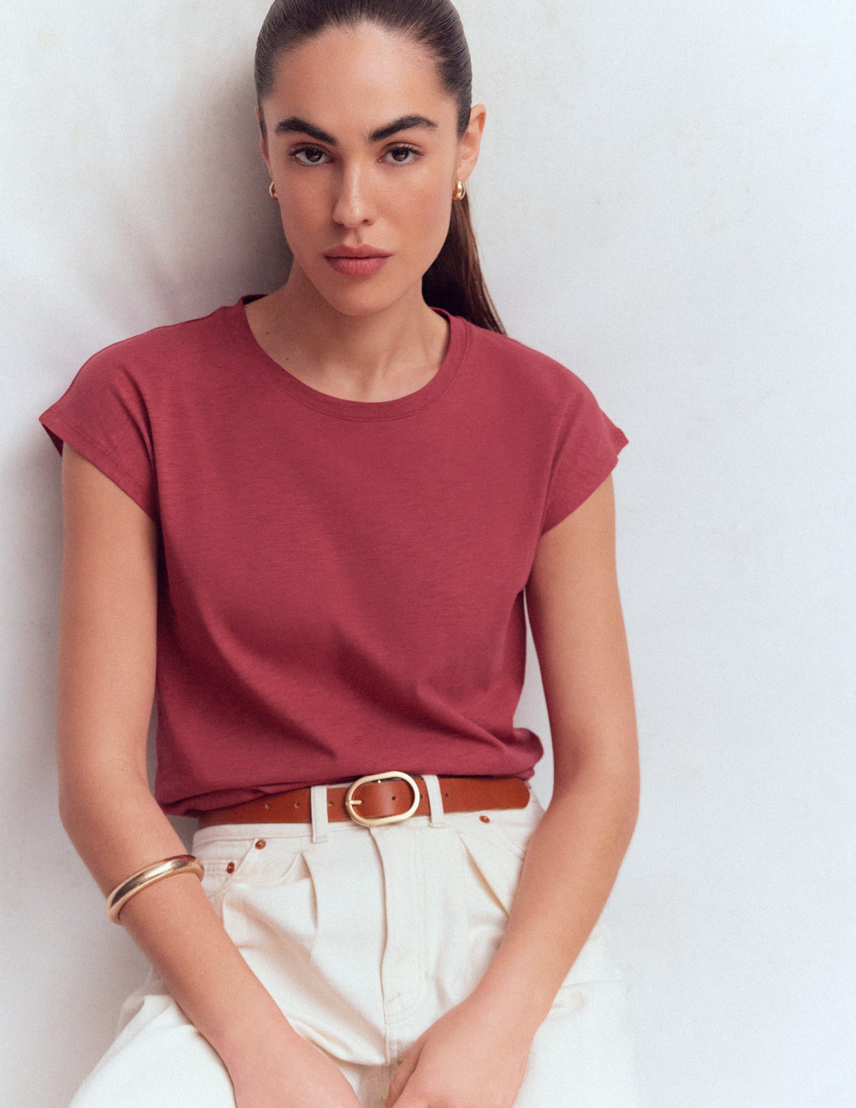 T-shirt Louisa en coton flammé-Rouge terre - Image 1