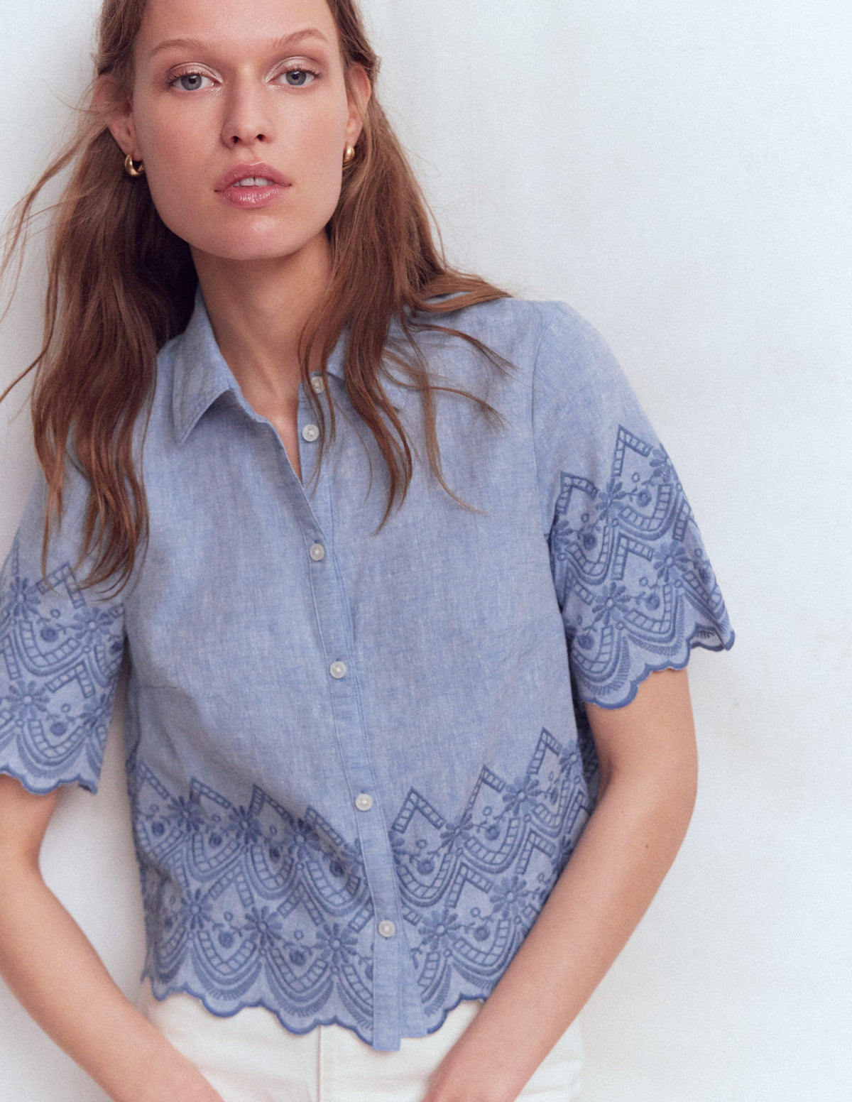 Short Sleeve Broderie Shirt-Chambray - Image 1