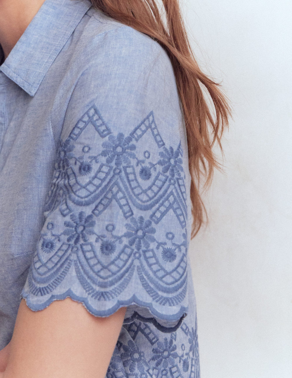 Short Sleeve Broderie Shirt-Chambray - Image 2