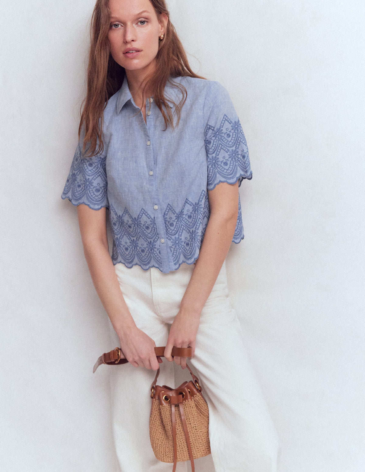 Short Sleeve Broderie Shirt-Chambray - Image 4