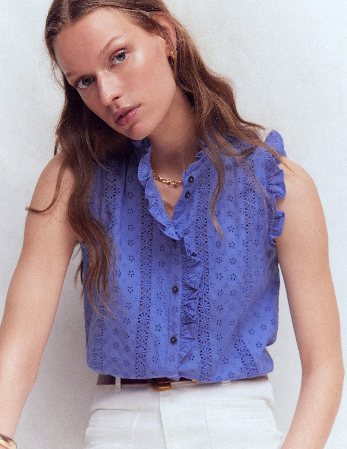 Isabel Sleeveless Broderie Top-Cornflower Blue-1