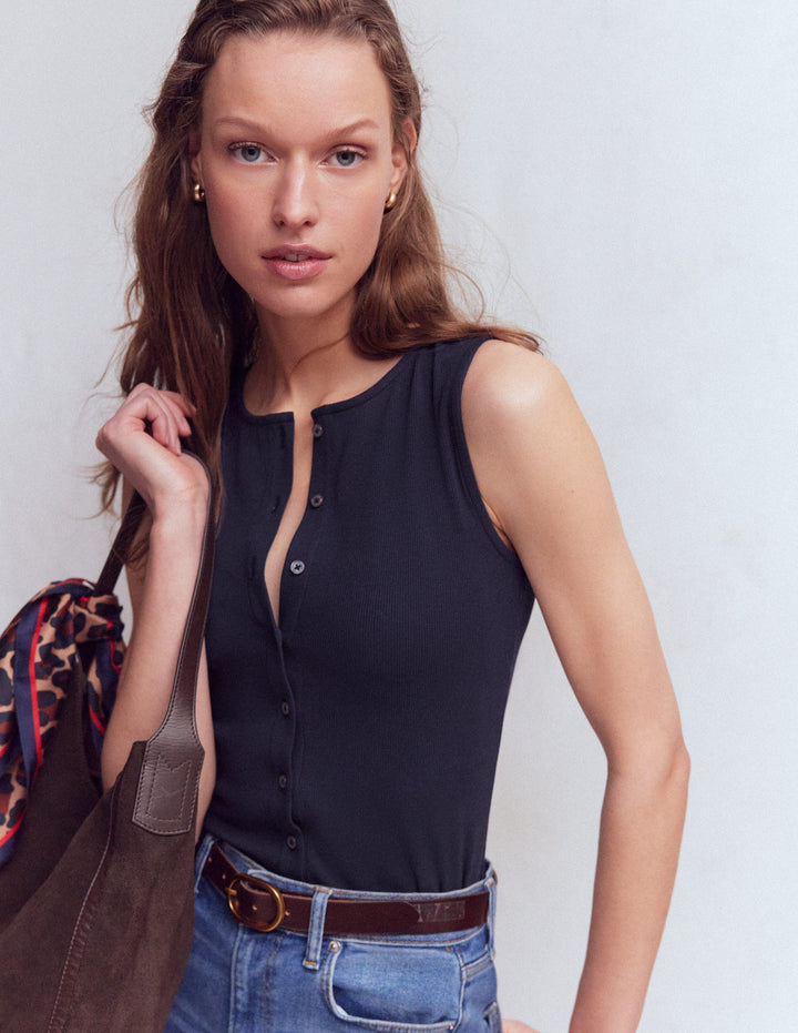 Evie Rippstrick-Top mit durchgehender Knopfleiste-Marineblau