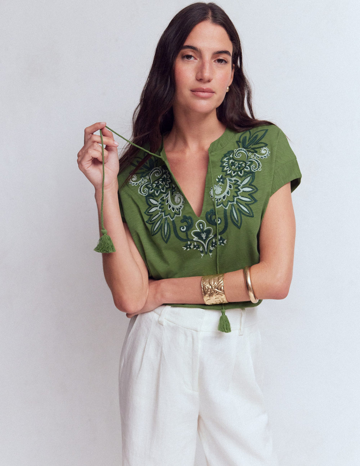 Nina Embroidered Notch T-shirt-Safari Green - Image 5
