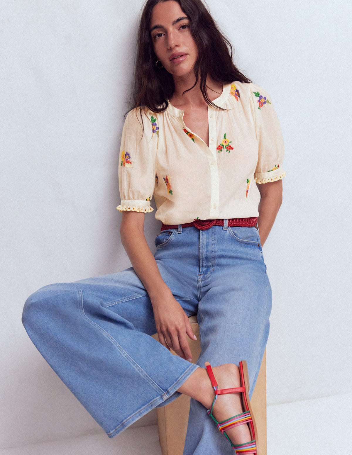 Top Camille brodé en coton-Broderie florale ivoire-1