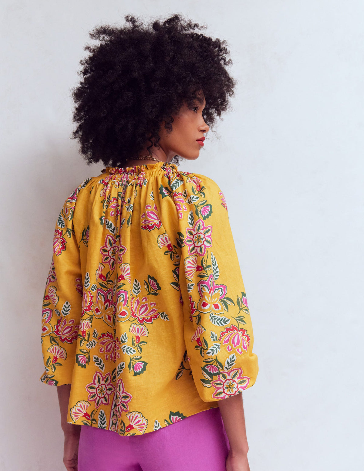 Serena Pleat Neck Linen Top-Marigold, Blossom Elegance-3
