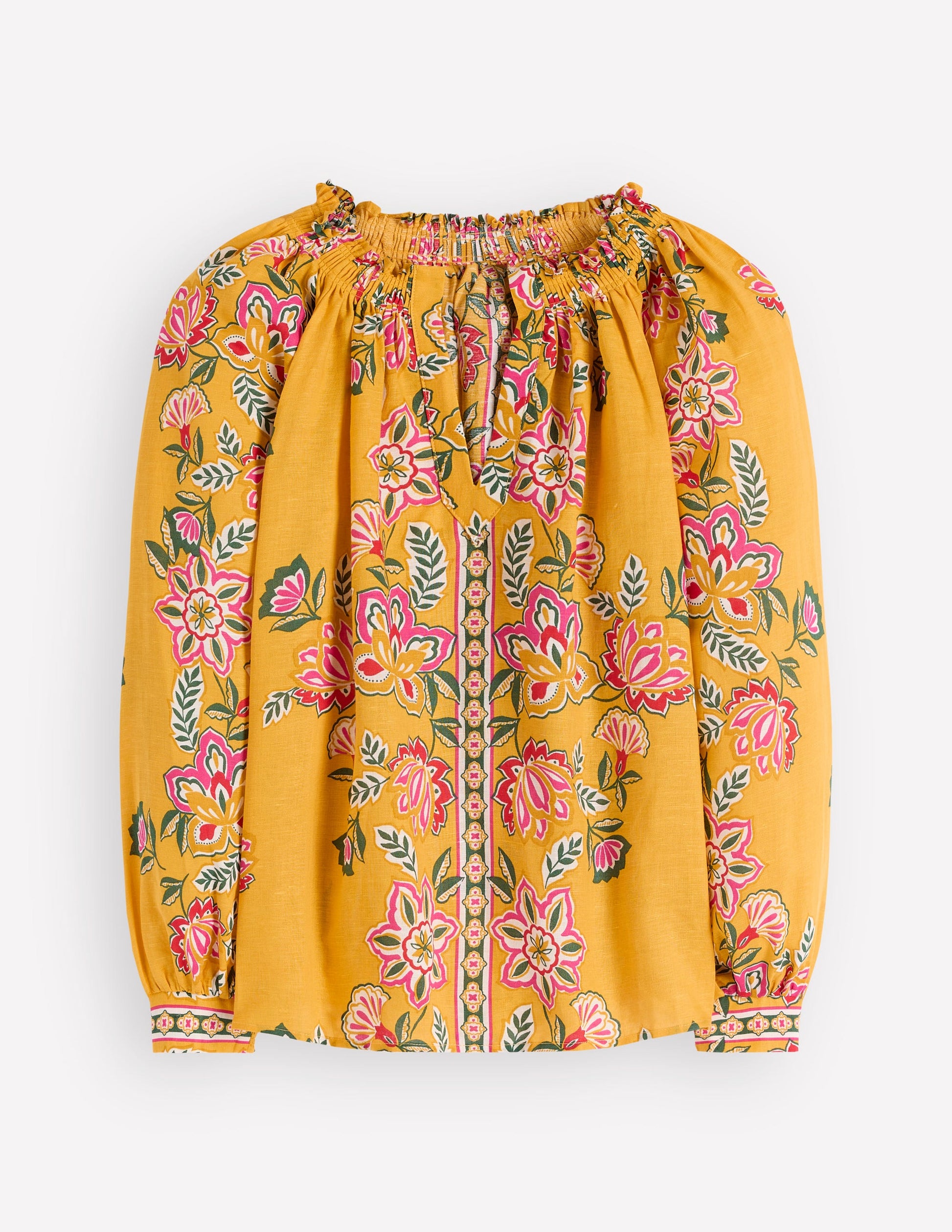 Serena Pleat Neck Linen Top-Marigold, Blossom Elegance-6