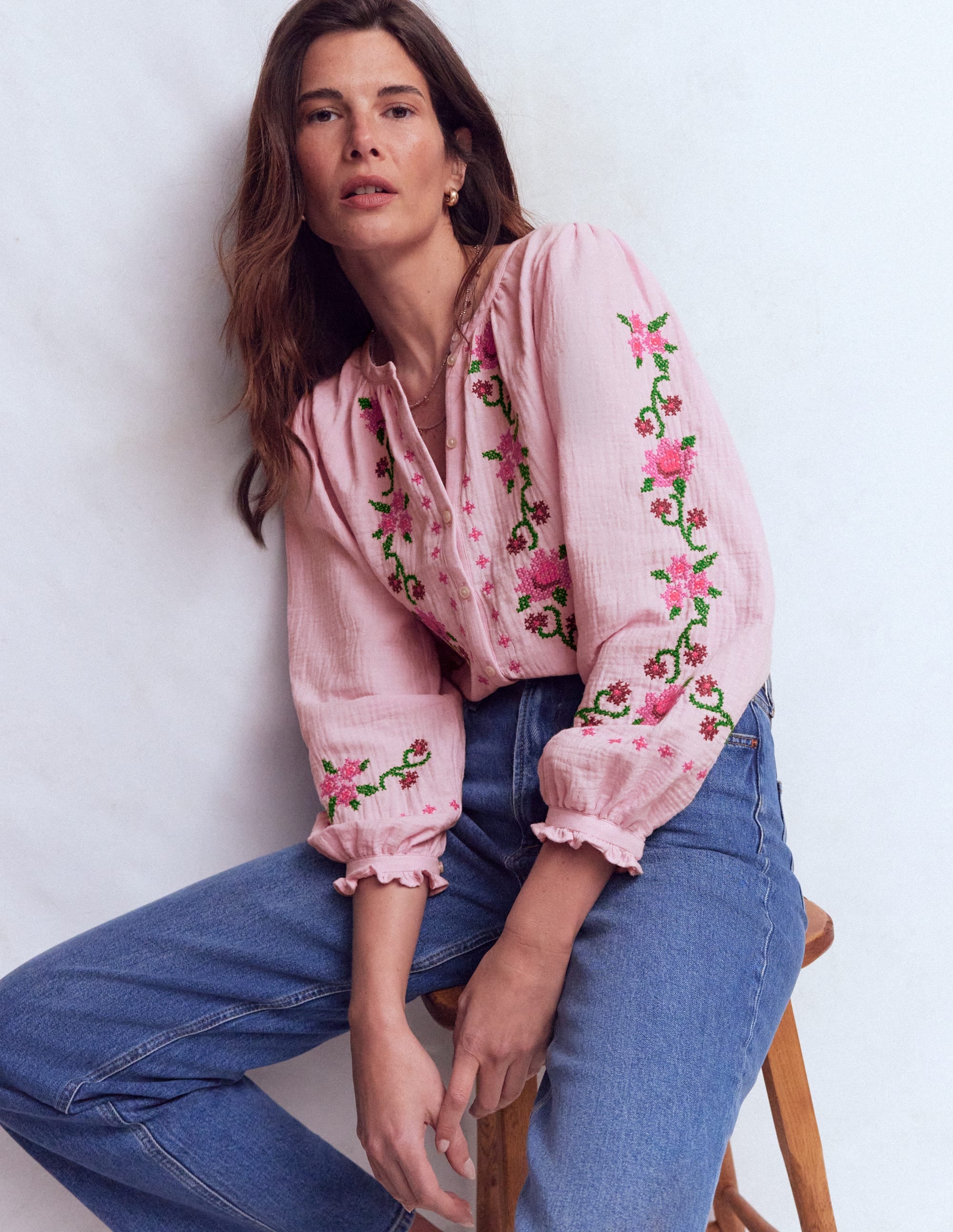 Top Camille double-étoffe-Broderie rose printanier - Image 2