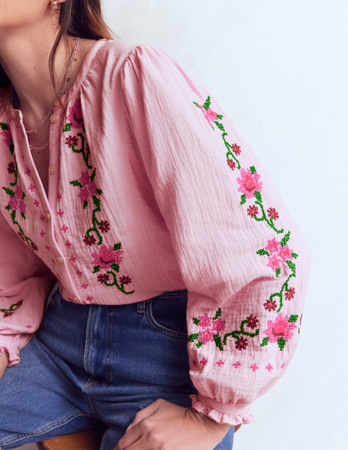 Top Camille double-étoffe-Broderie rose printanier - Image 3