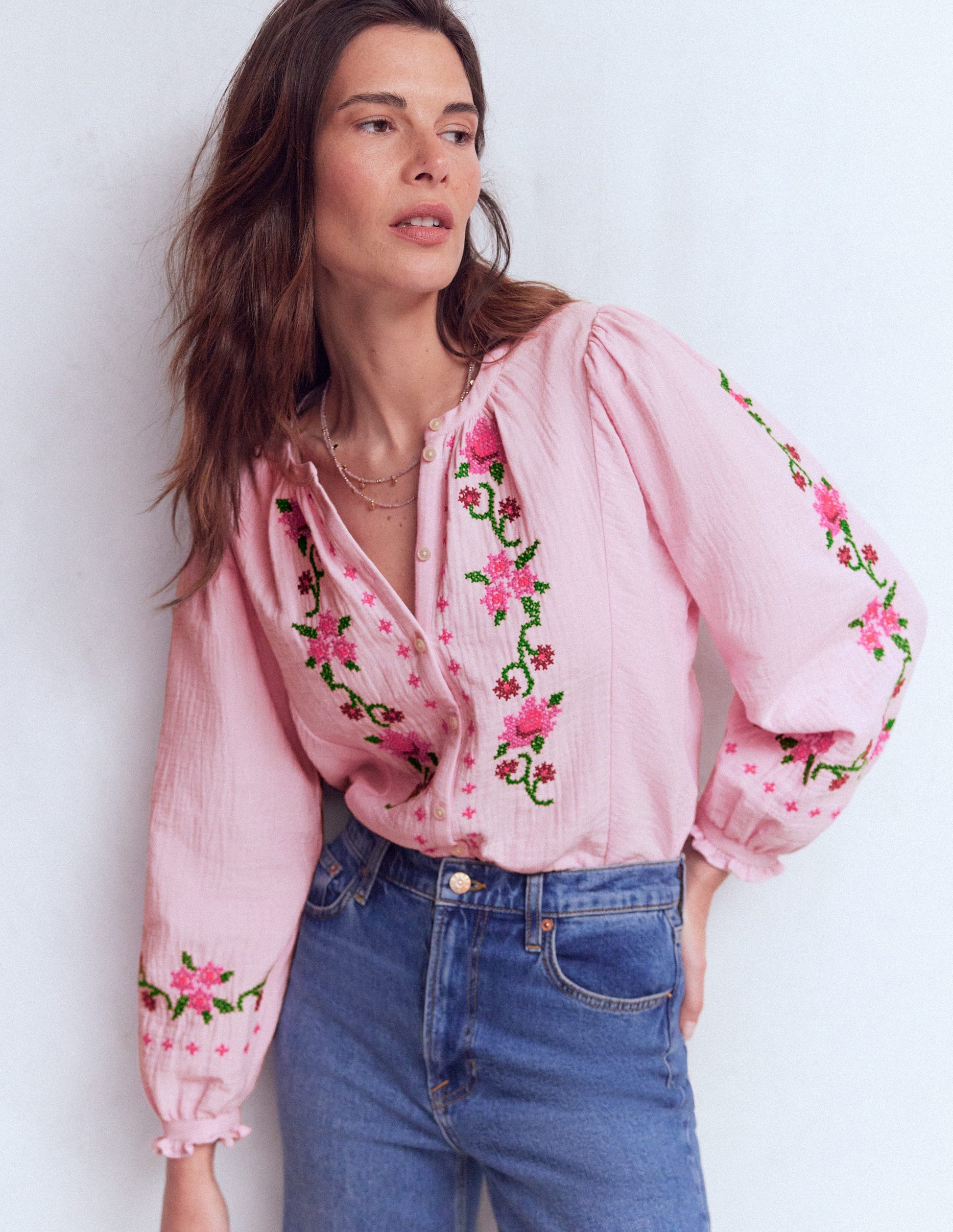 Top Camille double-étoffe-Broderie rose printanier-5