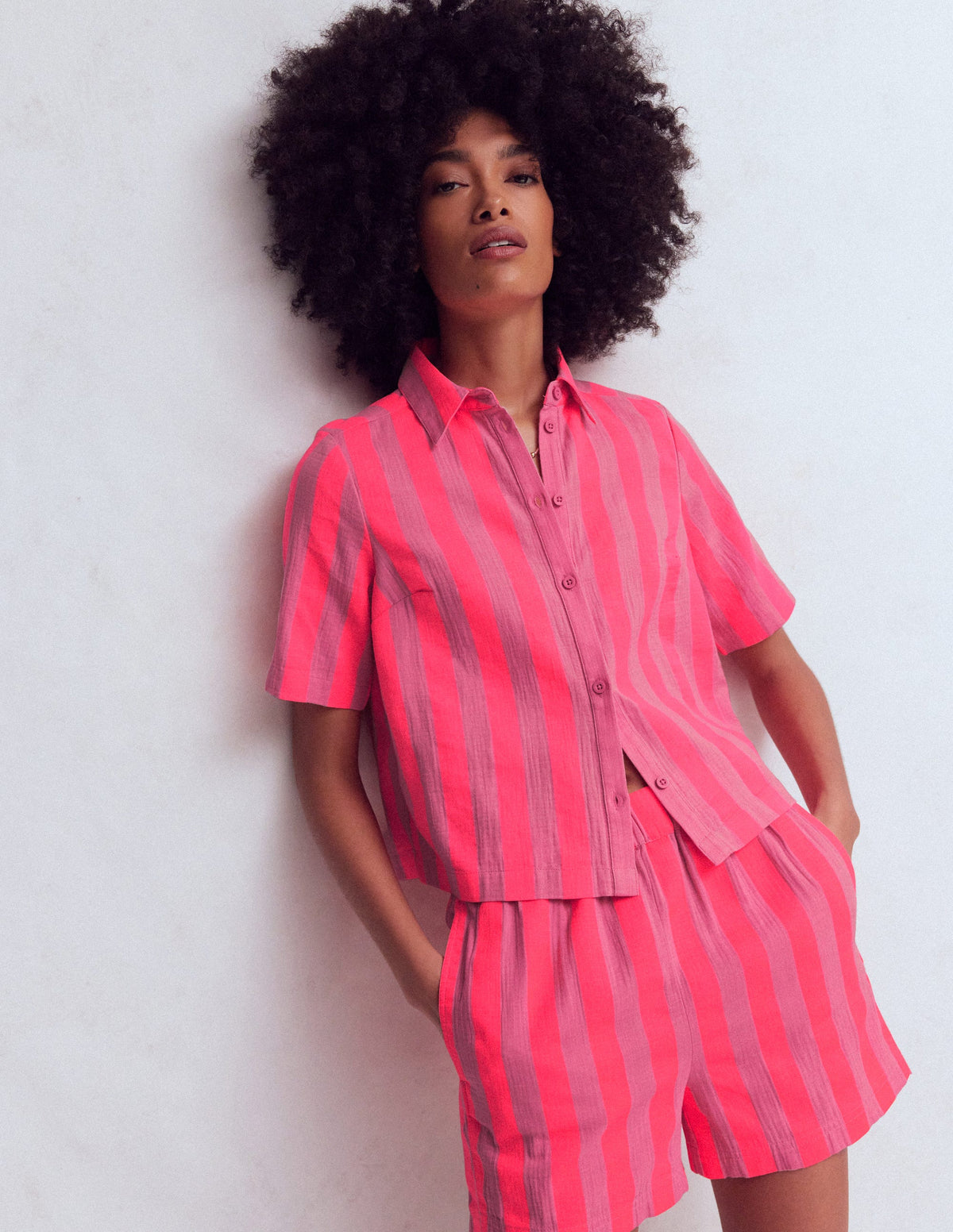 Doppeltuch-Hemd-Rosa, Neon-Koralle Mittelbreite Streifen-4