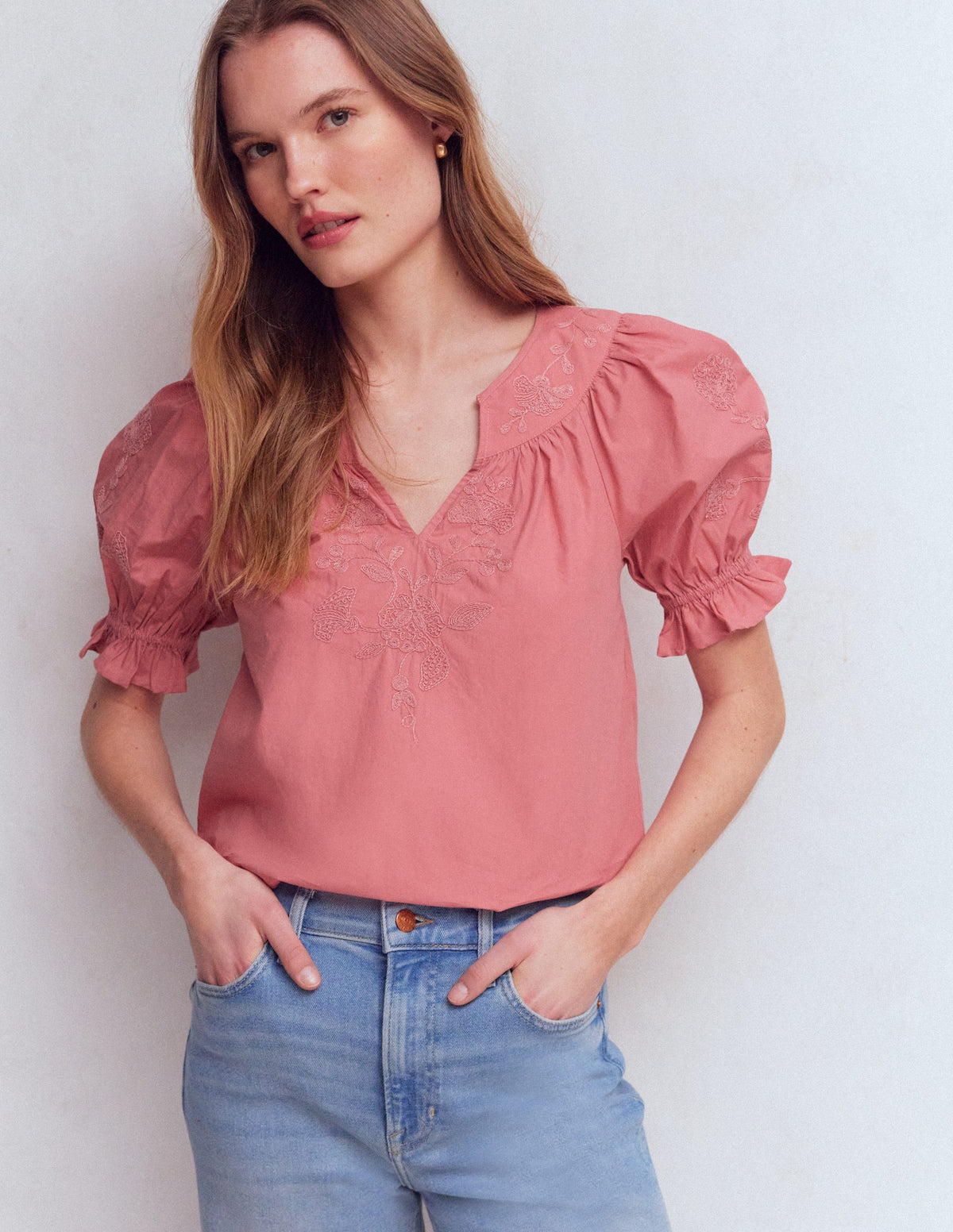 Baumwolloberteil mit bestickter Passe-Vintage-Rosa Bestickt-4