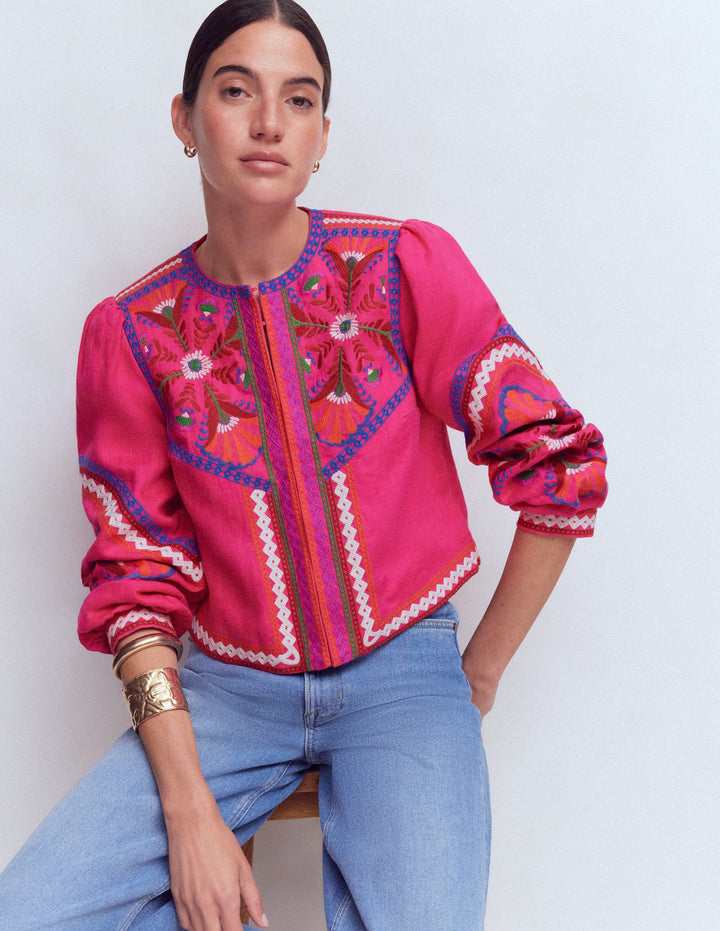 Veste brodée en lin-Pivoine rose, brodé