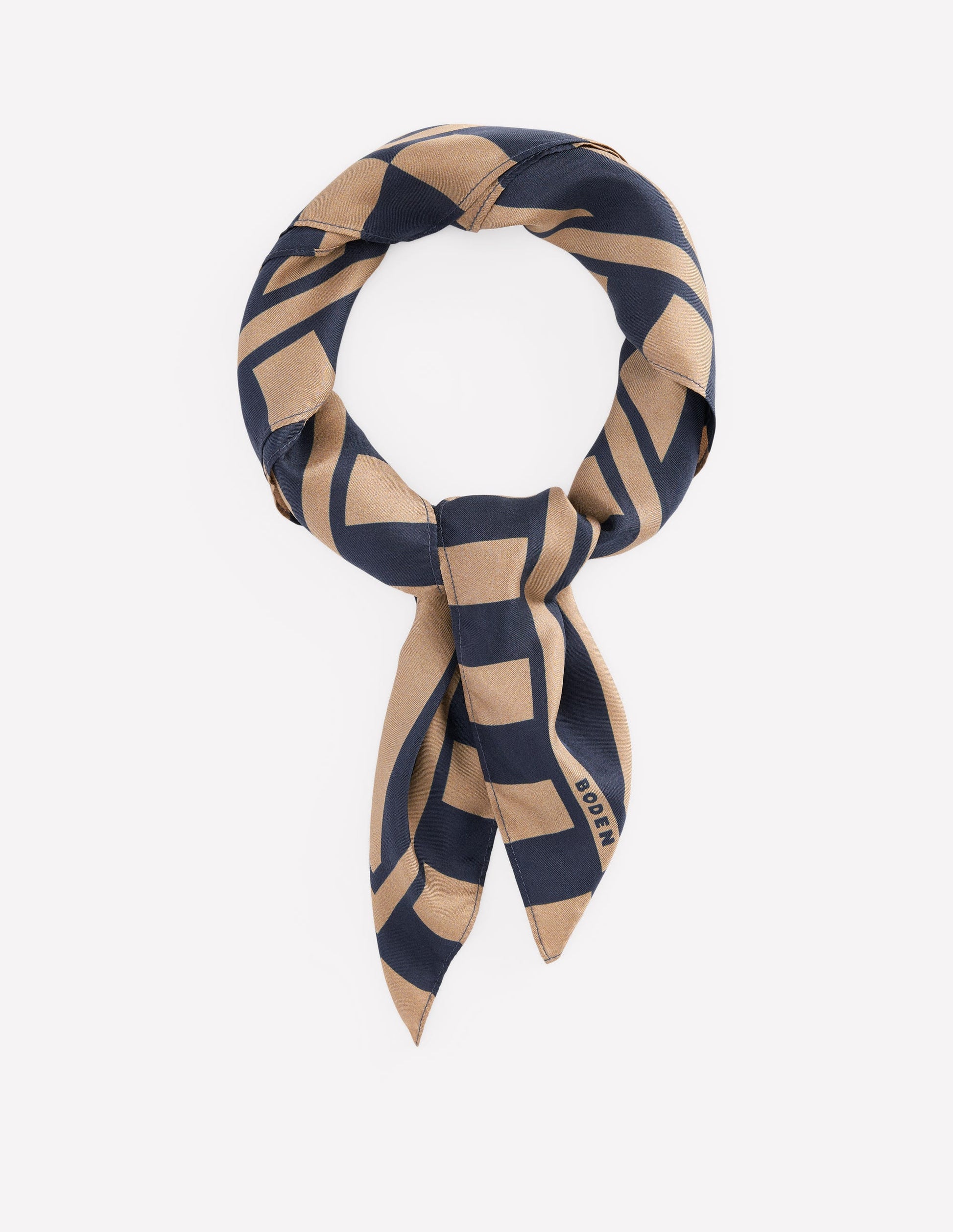 Foulard carré Elisabeth en soie-Rayé bleu marine et camel-1
