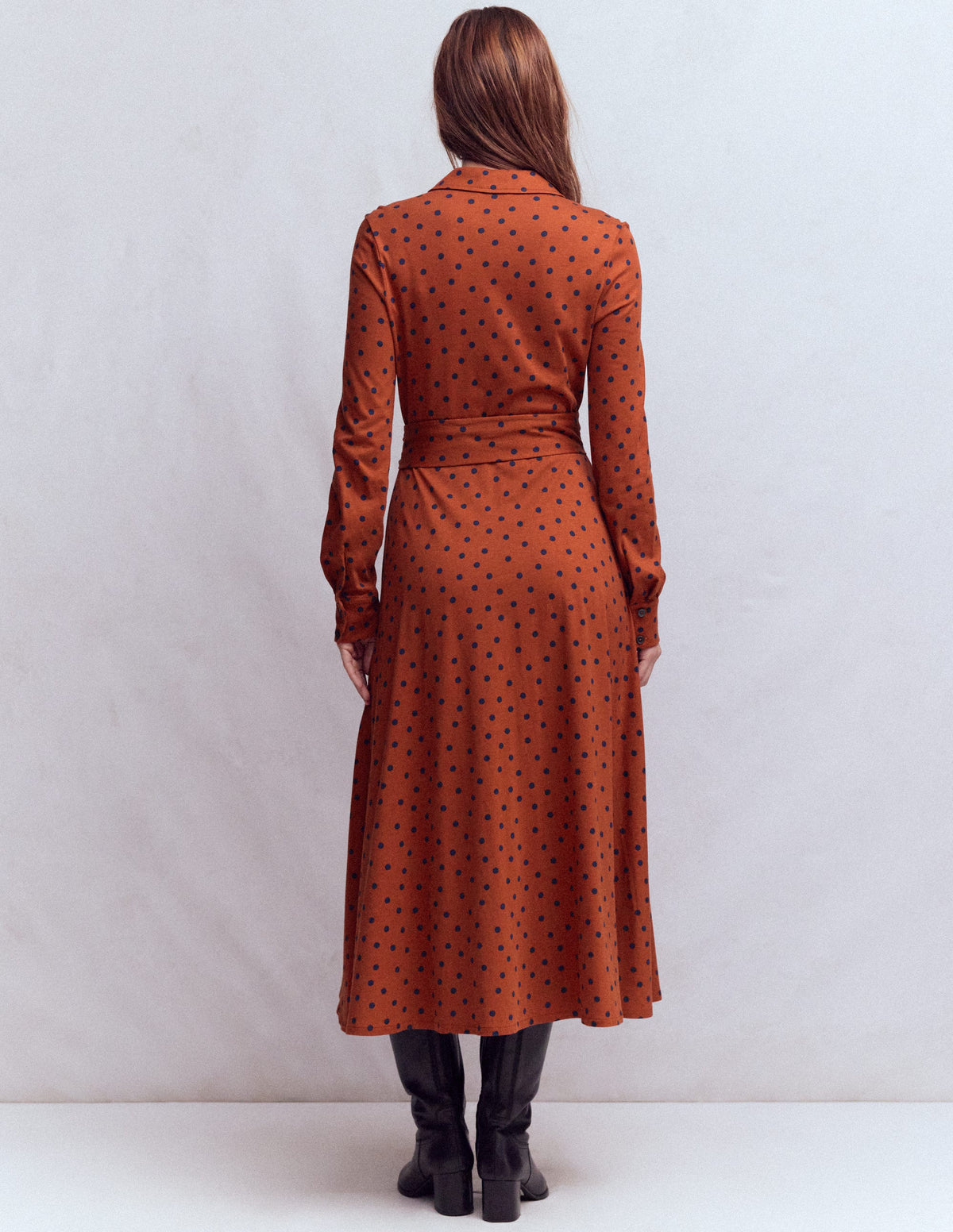 Marcia Jersey-Hemdblusenkleid-Braun-Orange, Marineblau Tupfen - Image 3