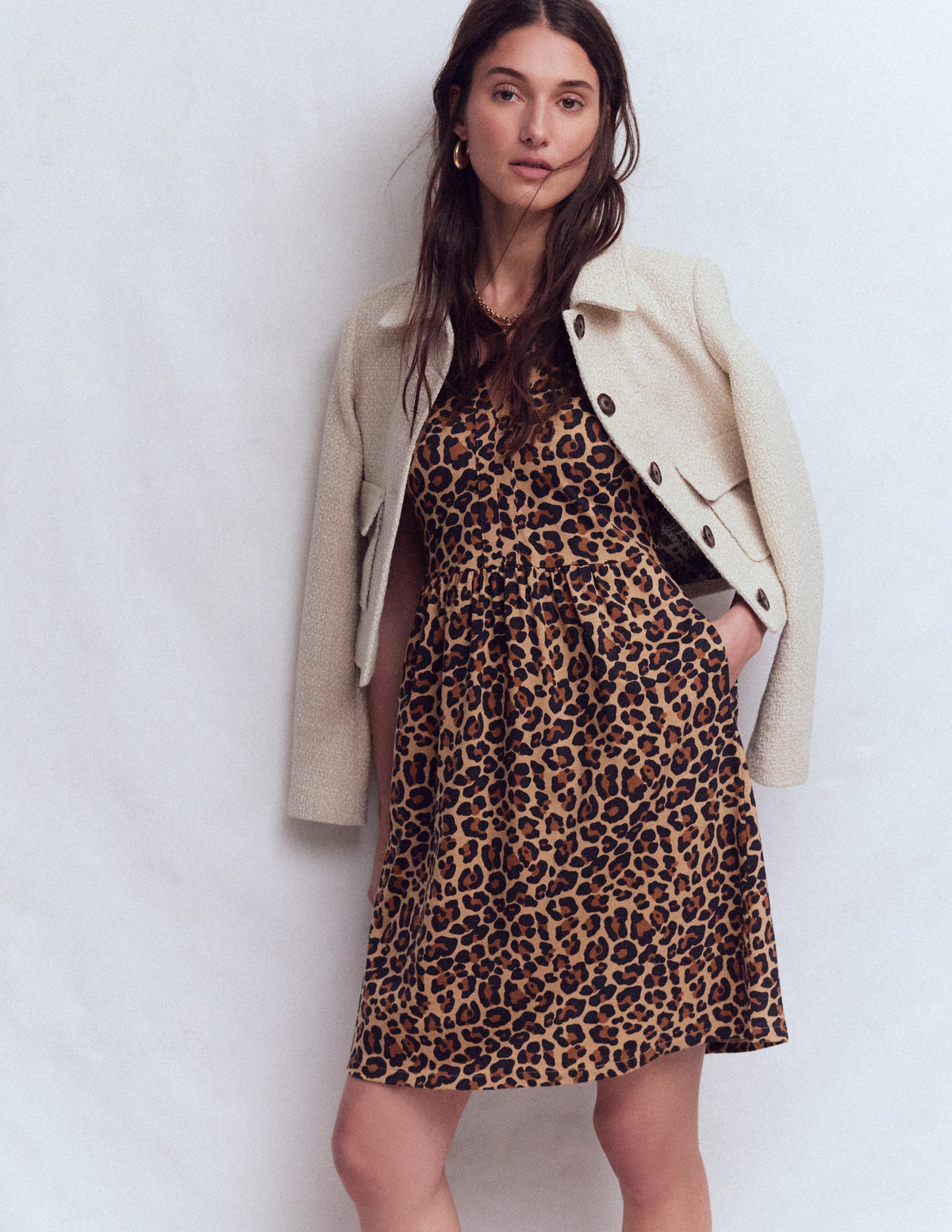 Naomi Kurzärmliges Kleid-Kamelbraun, Gepard Pop-4