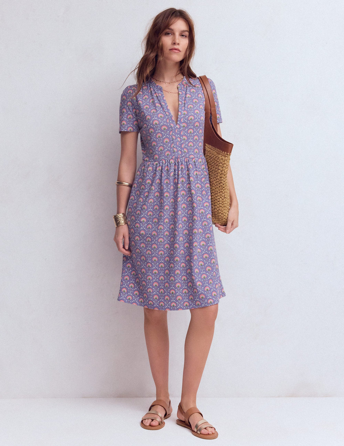Naomi Kurzärmliges Kleid-Lila Distel, Blumengitter-1