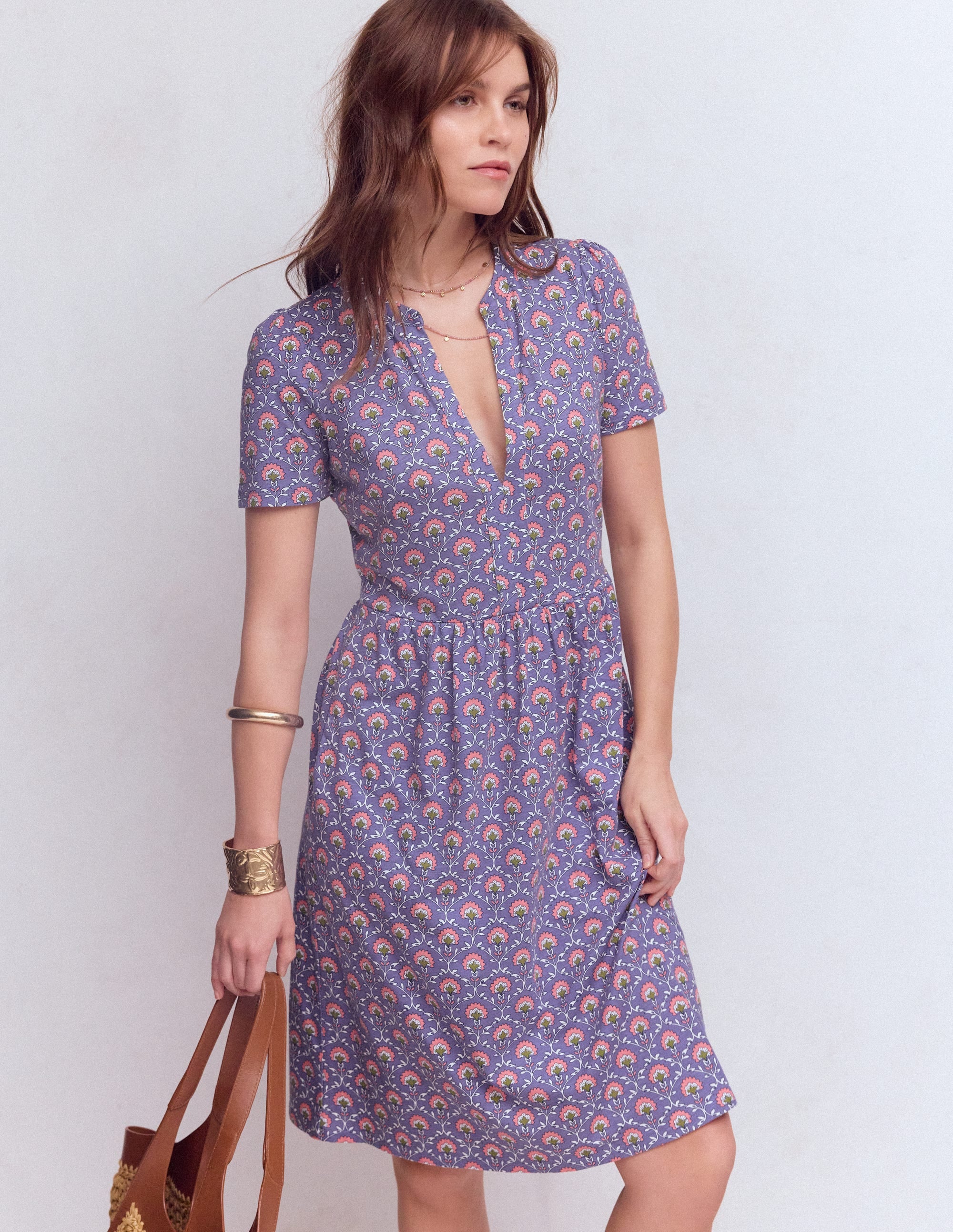 Naomi Kurzärmliges Kleid-Lila Distel, Blumengitter - Image 4