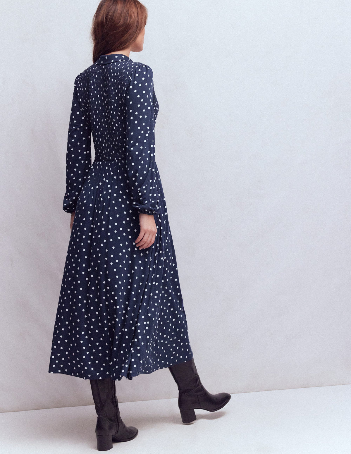 Robe à smocks en jersey-Bleu marine foncé, pois peints - Image 3