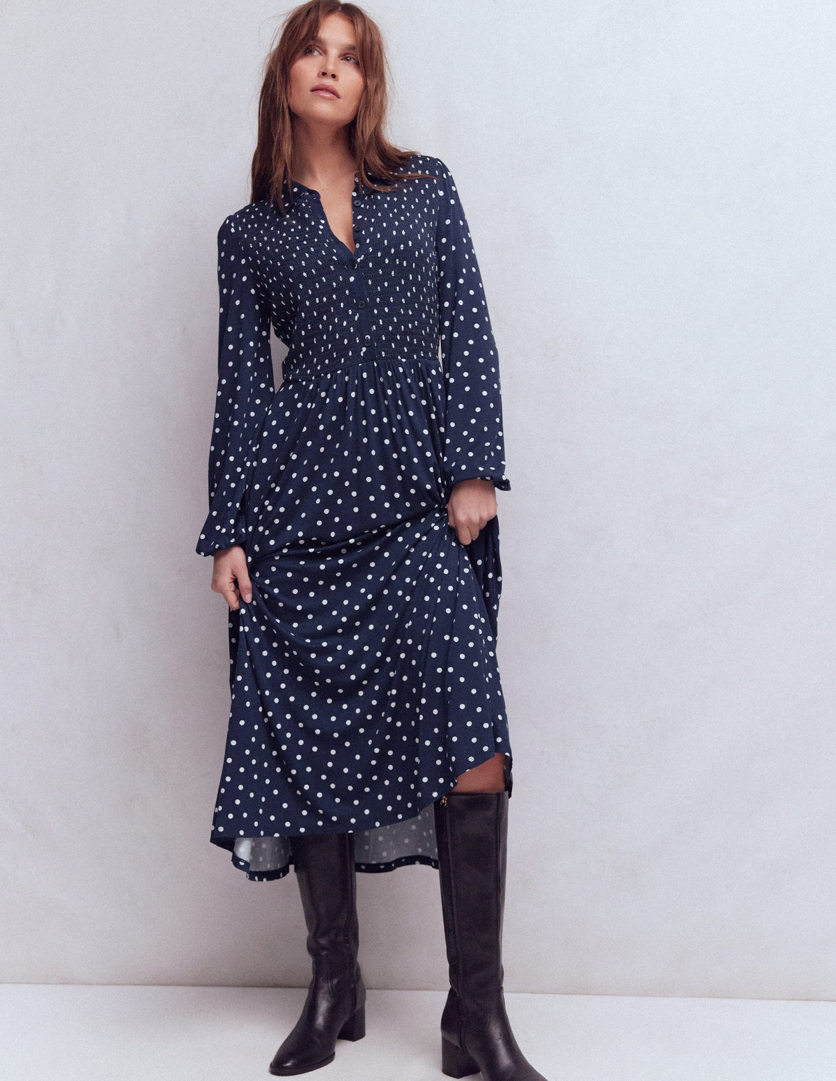 Robe à smocks en jersey-Bleu marine foncé, pois peints-4