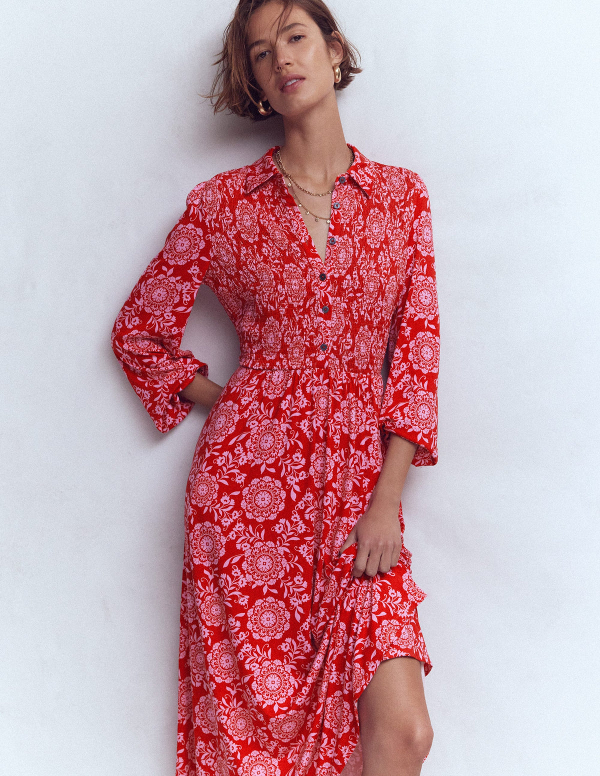Robe à smocks en jersey-Rouge Merida, motif Decorative Blossom - Image 2