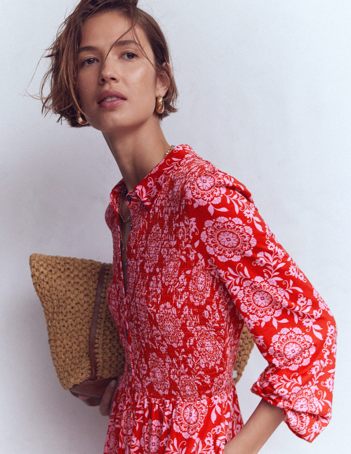 Robe à smocks en jersey-Rouge Merida, motif Decorative Blossom - Image 4