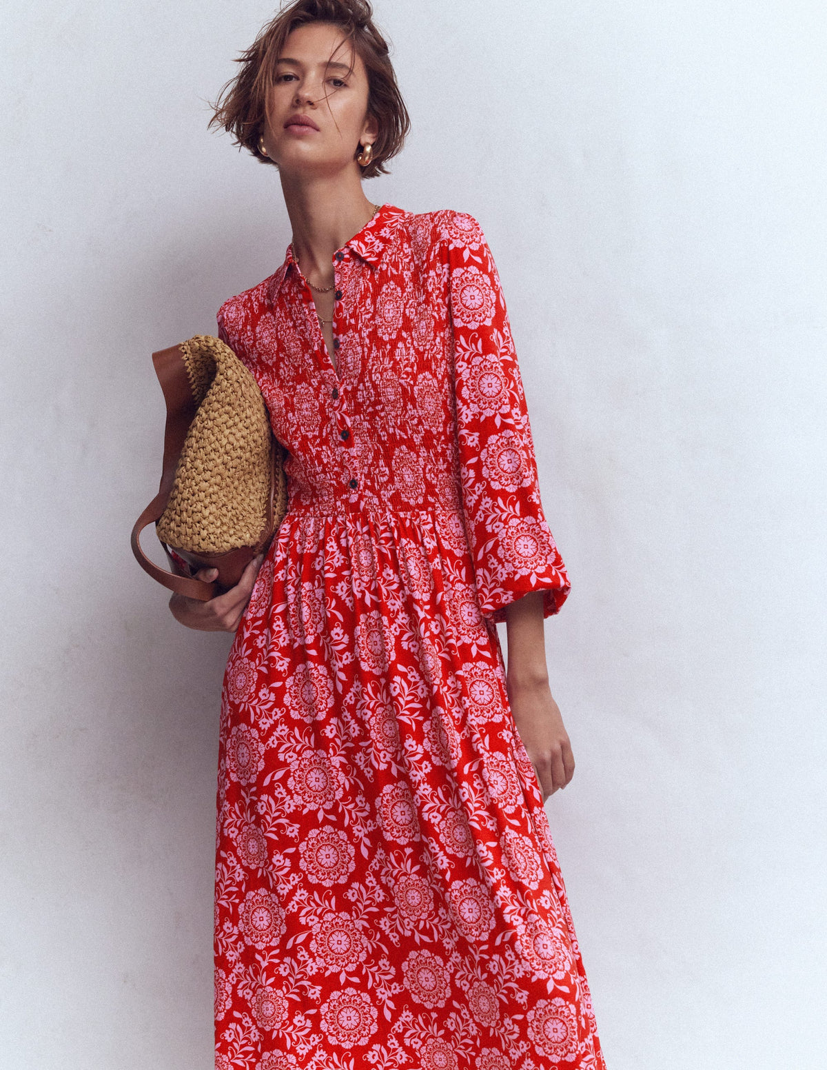Robe à smocks en jersey-Rouge Merida, motif Decorative Blossom - Image 5