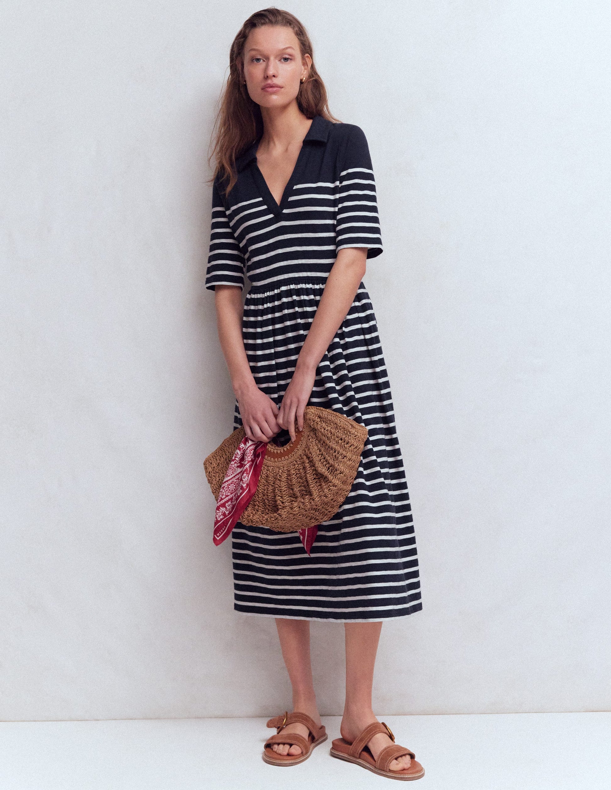 Aria Collared Jersey Dress-Navy, Ivory Stripe-4