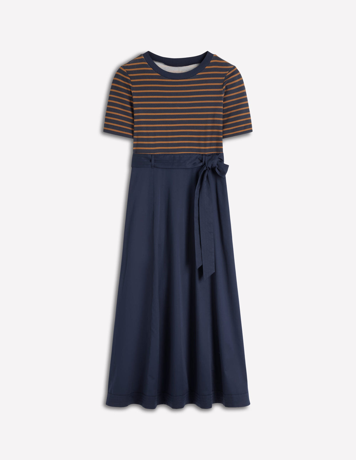 Kleid aus Materialmix mit Rundhalsausschnitt-Marineblau und Lebkuchen Streifen-5