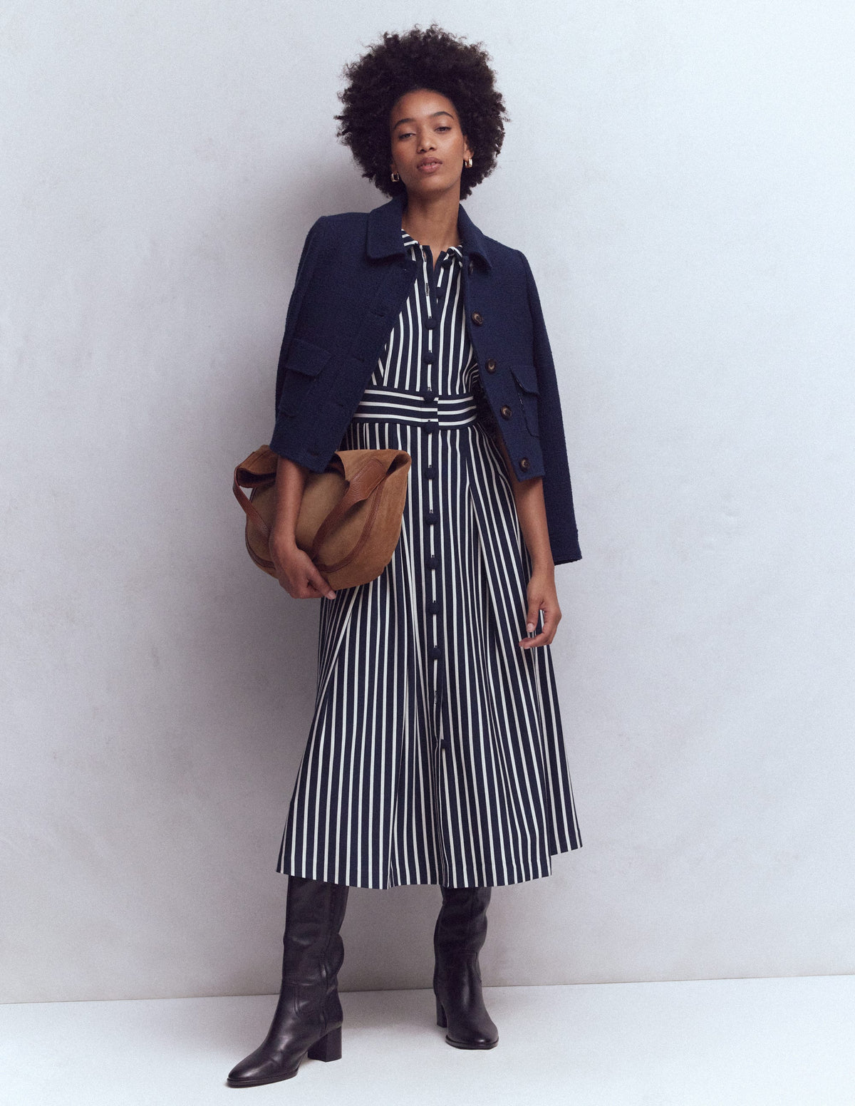 Bridget Ponte Shirt Dress-Navy and Ivory Stripe - Image 1