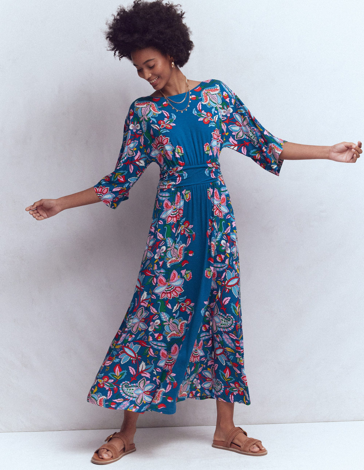 Imelda Kimono Jersey Dress-Blue, Botanical Trail - Image 1