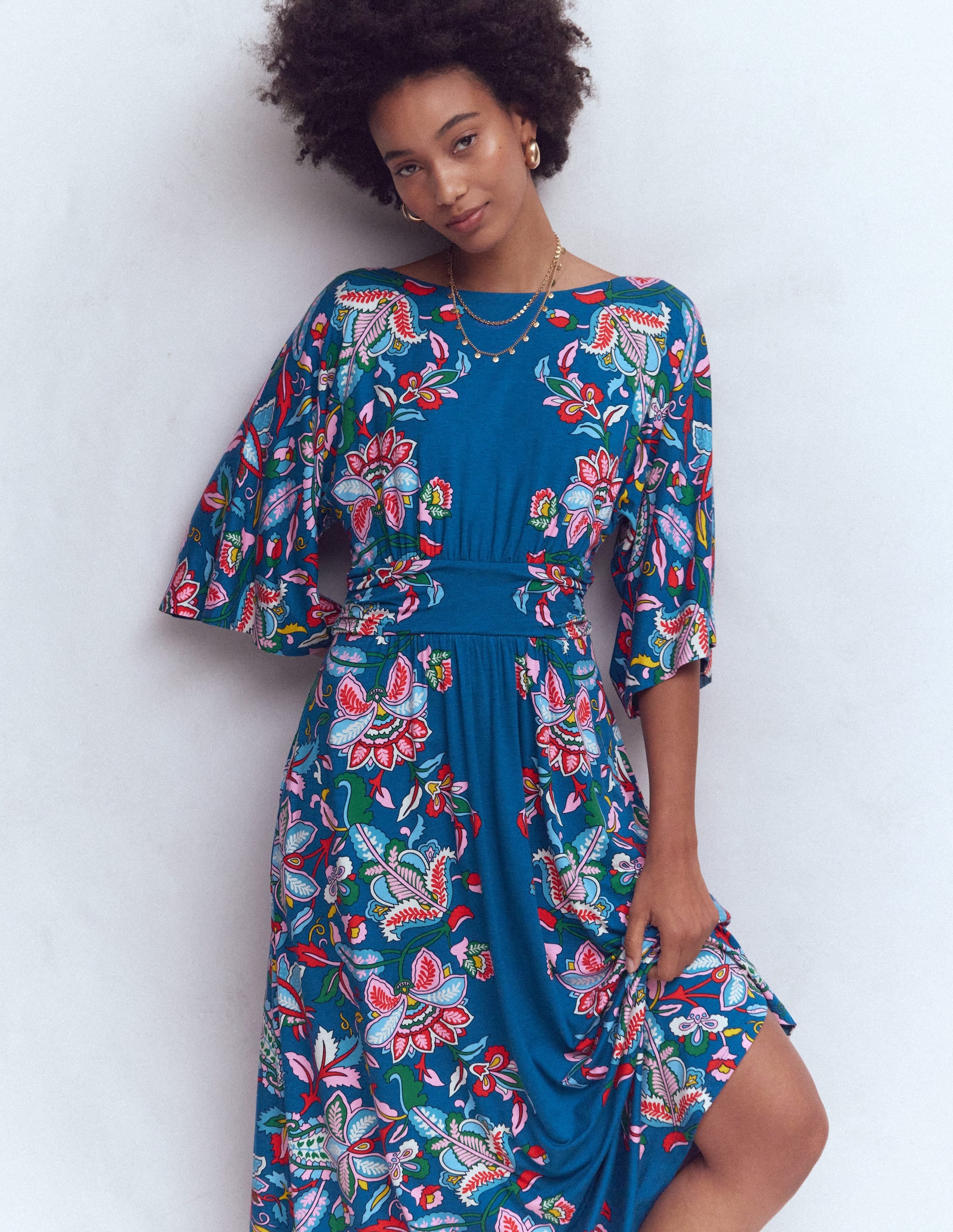 Imelda Kimono Jersey Dress-Blue, Botanical Trail - Image 4