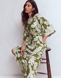 Imelda Jersey-Kimonokleid-Olivgrün, Botanisches Muster Monochrom