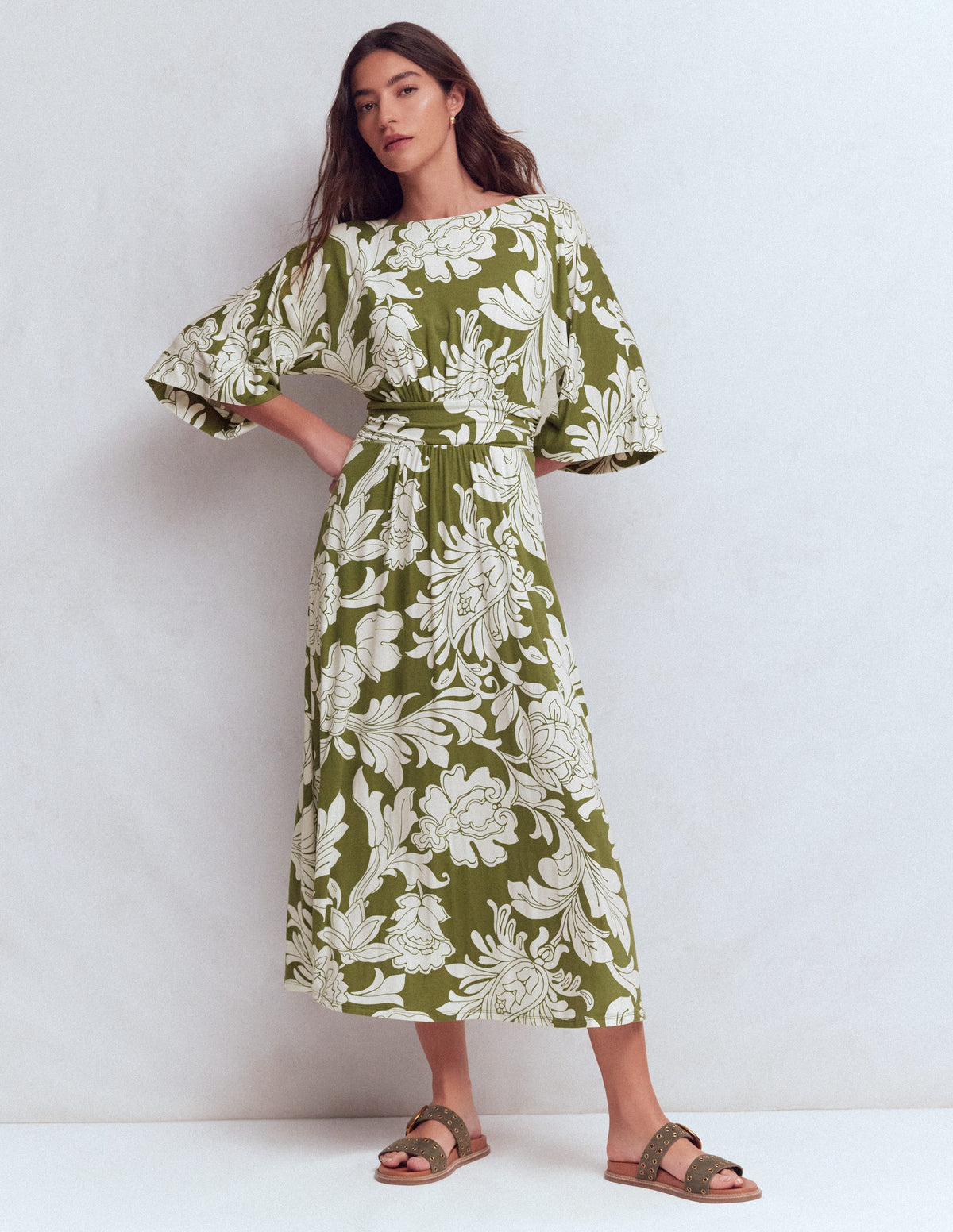 Imelda Jersey-Kimonokleid-Olivgrün, Botanisches Muster Monochrom - Image 4