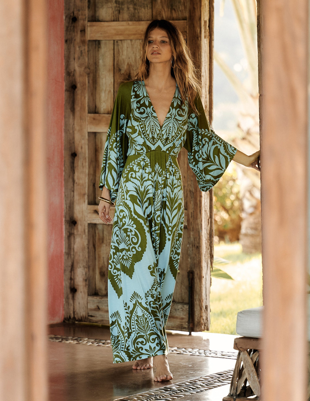 Nell Kimono Midi Jersey Dress-Olive, Ornamental Garden-5