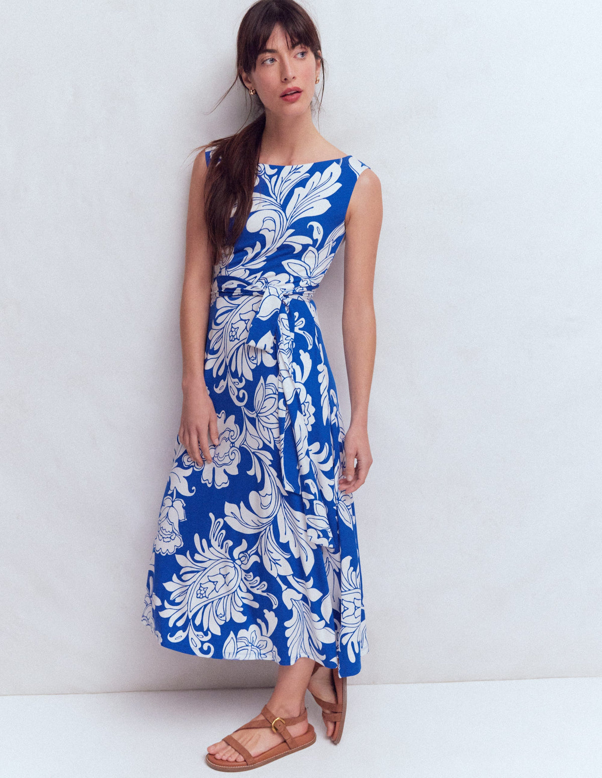 Tamsin Jersey-Midikleid-Blau, Botanisches Muster Monochrom-4